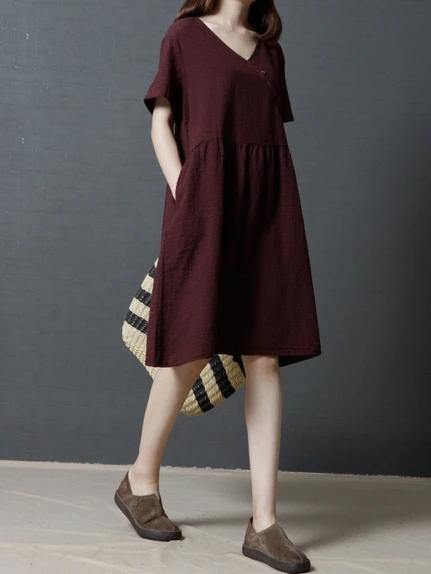 Vivid burgundy plaid linen cotton clothes For Women v neck Cinched daily Dresses - SooLinen