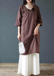 Vivid chocolate striped Cotton dress v neck Dress - SooLinen