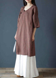 Vivid chocolate striped Cotton dress v neck Dress - SooLinen