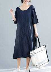 Vivid denim blue cotton quilting dresses Boho Fabrics o neck Kaftan summer Dresses - SooLinen