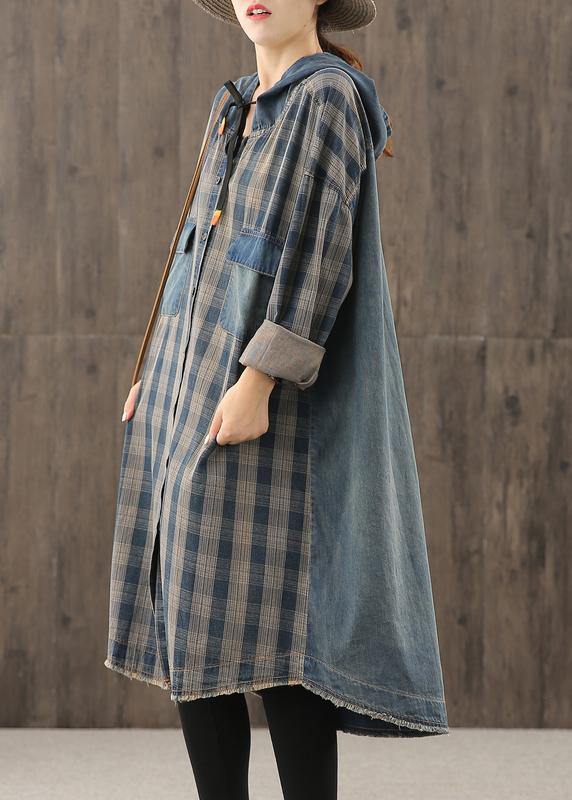 Vivid denim blue plaid Tunic hooded Button Down Plus Size Dress - SooLinen