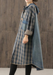 Vivid denim blue plaid Tunic hooded Button Down Plus Size Dress - SooLinen