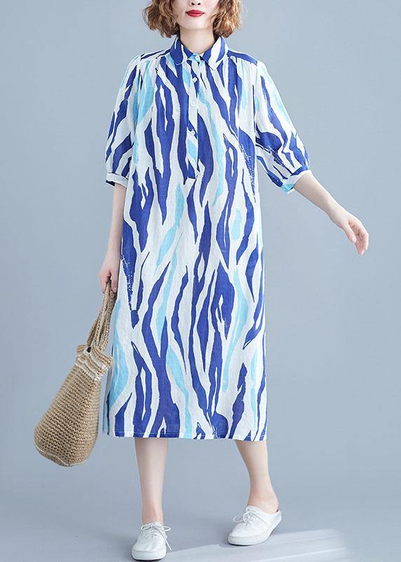 Vivid lapel half sleeve Cotton dresses Runway blue striped Dress - SooLinen