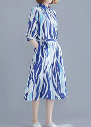 Vivid lapel half sleeve Cotton dresses Runway blue striped Dress - SooLinen