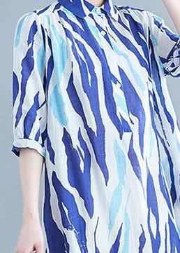 Vivid lapel half sleeve Cotton dresses Runway blue striped Dress - SooLinen