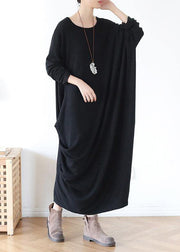 Vivid o neck asymmetric cotton spring clothes Neckline black Robe Dress - SooLinen