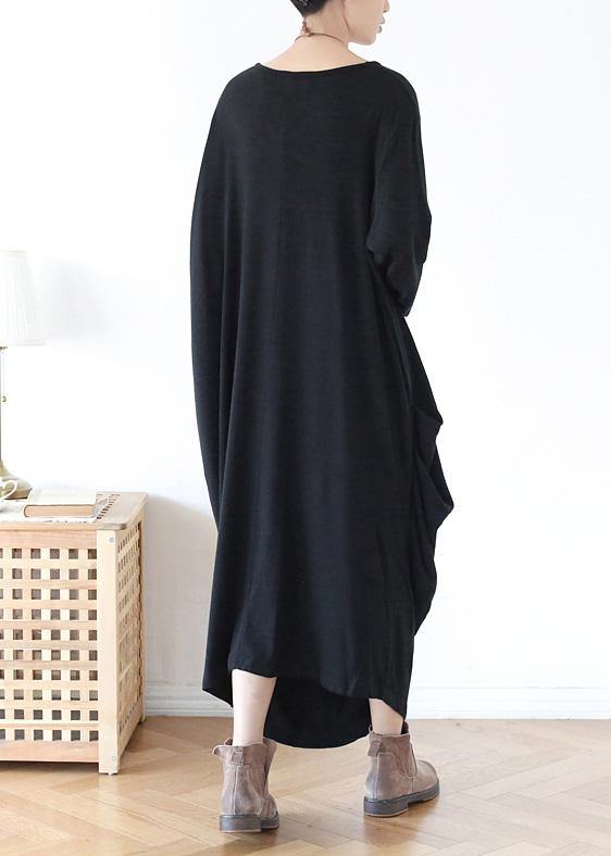 Vivid o neck asymmetric cotton spring clothes Neckline black Robe Dress - SooLinen