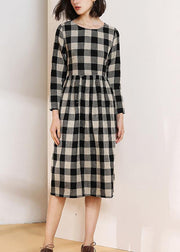 Vivid o neck cotton linen spring clothes Runway black plaid Dress - SooLinen