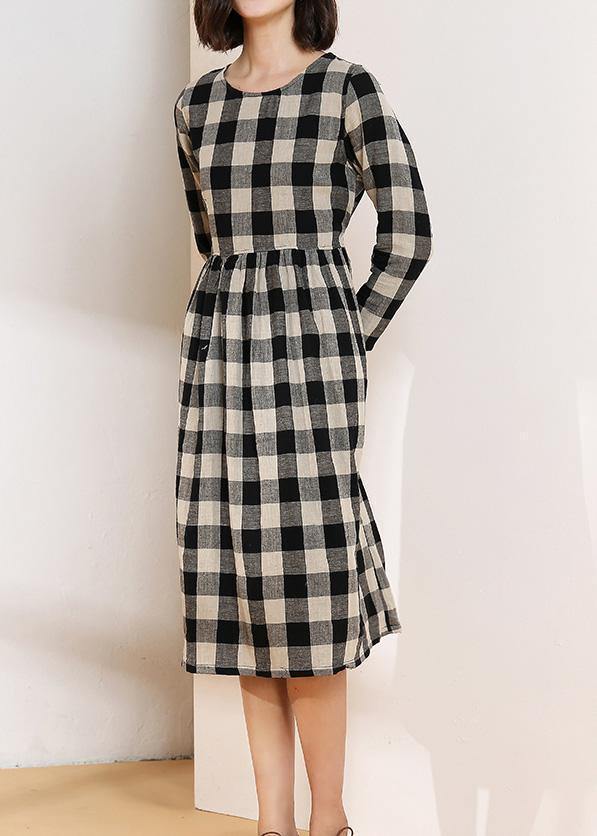 Vivid o neck cotton linen spring clothes Runway black plaid Dress - SooLinen