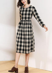 Vivid o neck cotton linen spring clothes Runway black plaid Dress - SooLinen