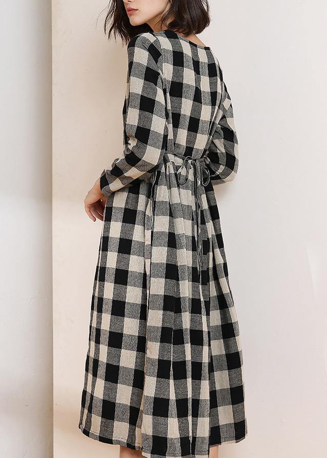 Vivid o neck cotton linen spring clothes Runway black plaid Dress - SooLinen