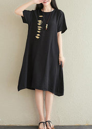 Vivid o neck embroidery cotton linen dresses Tutorials black Dresses summer - SooLinen