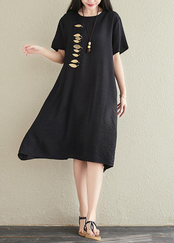 Vivid o neck embroidery cotton linen dresses Tutorials black Dresses summer - SooLinen