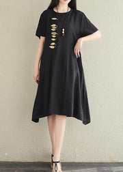 Vivid o neck embroidery cotton linen dresses Tutorials black Dresses summer - SooLinen