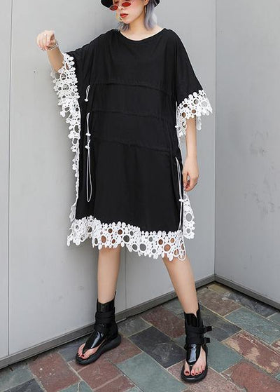 Vivid o neck patchwork lace Cotton for women black Dress summer - SooLinen