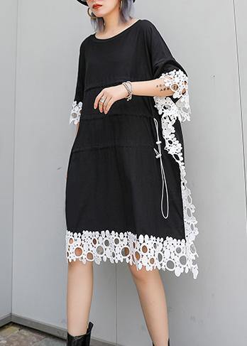 Vivid o neck patchwork lace Cotton for women black Dress summer - SooLinen