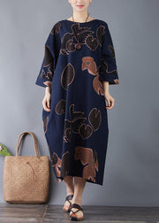 Vivid o neck pockets cotton navy print long Dresses summer - SooLinen