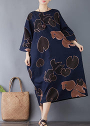 Vivid o neck pockets cotton navy print long Dresses summer - SooLinen