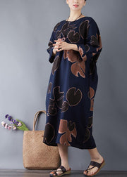 Vivid o neck pockets cotton navy print long Dresses summer - SooLinen