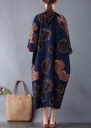 Vivid o neck pockets cotton navy print long Dresses summer - SooLinen