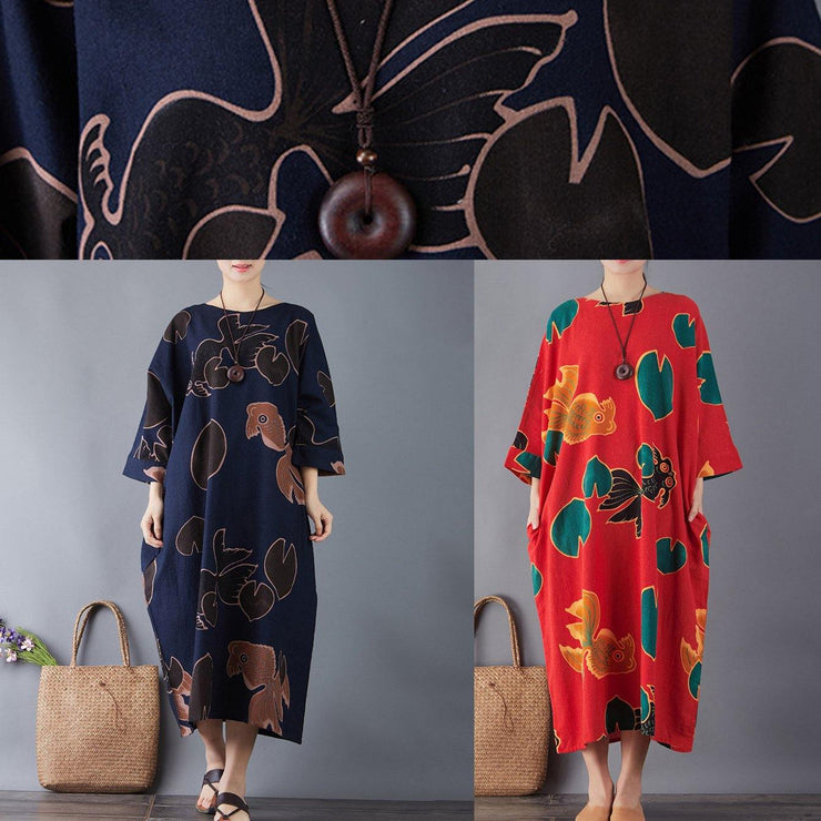 Vivid o neck pockets cotton navy print long Dresses summer - SooLinen