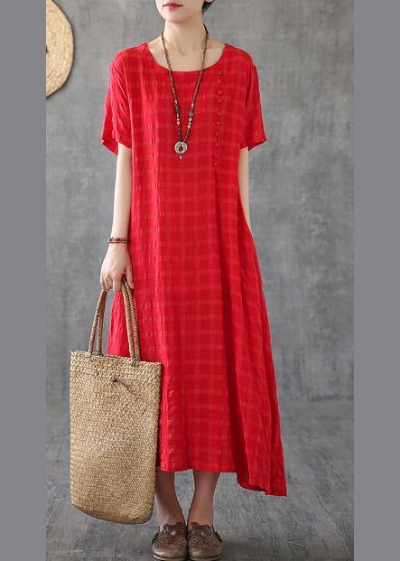 Vivid o neck short sleeve cotton linen Robes Fabrics red plaid Dress - SooLinen