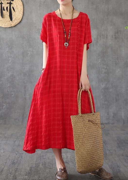 Vivid o neck short sleeve cotton linen Robes Fabrics red plaid Dress - SooLinen