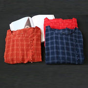 Vivid o neck short sleeve cotton linen Robes Fabrics red plaid Dress - SooLinen