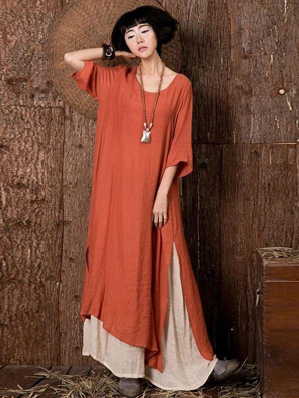 Vivid o neck side open linen summerdresses Outfits orange Dresses - SooLinen