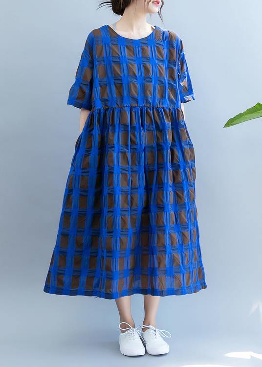 Vivid o neck summer quilting clothes Wardrobes blue plaid loose Dresses - SooLinen