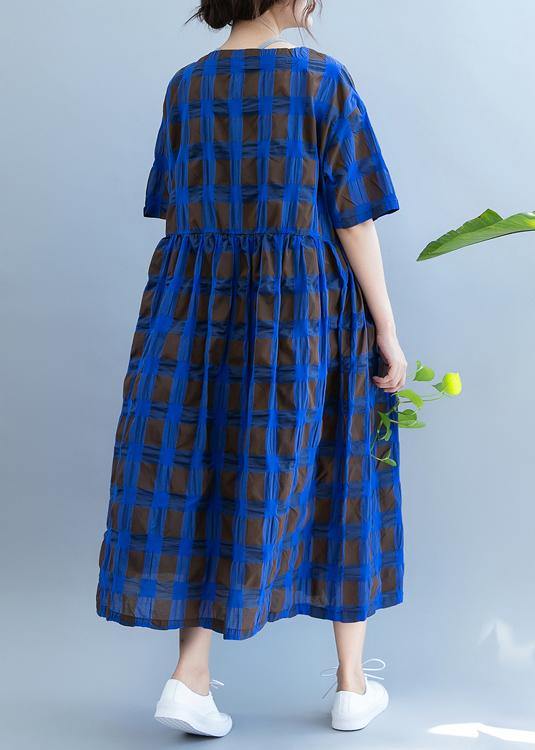 Vivid o neck summer quilting clothes Wardrobes blue plaid loose Dresses - SooLinen