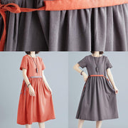 Vivid orange red cotton linen clothes For Women o neck tie waist Robe summer Dress - SooLinen