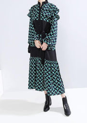 Vivid patchwork cotton tie waist clothes Shape green dotted A Line Dress - SooLinen