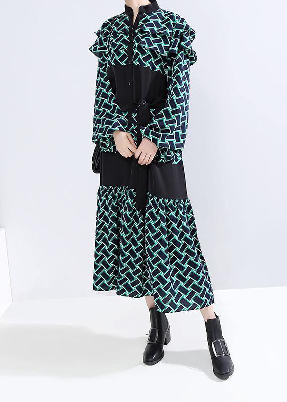 Vivid patchwork cotton tie waist clothes Shape green dotted A Line Dress - SooLinen