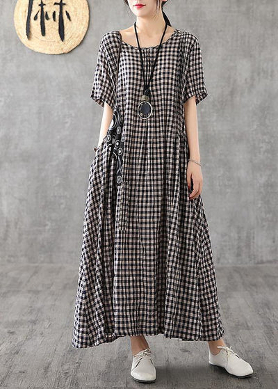 Vivid patchwork linen quilting dresses Runway black plaid Dresses summer - SooLinen