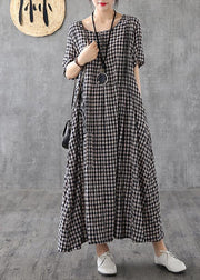 Vivid patchwork linen quilting dresses Runway black plaid Dresses summer - SooLinen