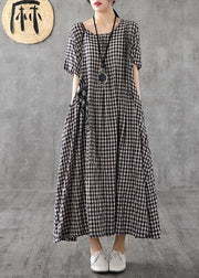 Vivid patchwork linen quilting dresses Runway black plaid Dresses summer - SooLinen