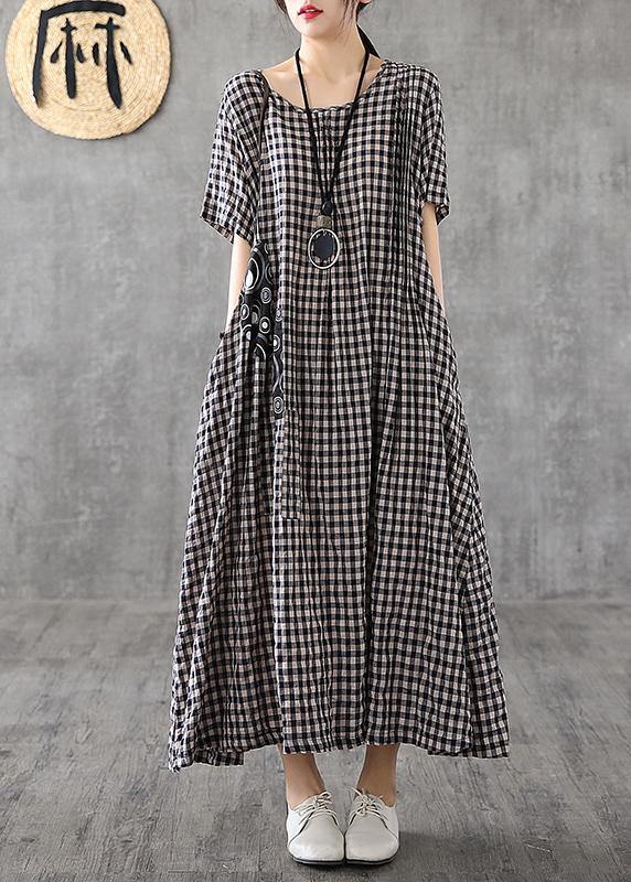 Vivid patchwork linen quilting dresses Runway black plaid Dresses summer - SooLinen