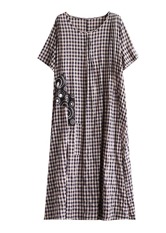 Vivid patchwork linen quilting dresses Runway black plaid Dresses summer - SooLinen