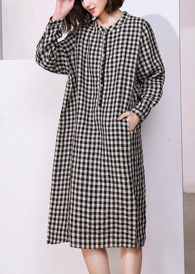 Vivid plaid cotton tunics for women o neck daily side open Dresses - SooLinen