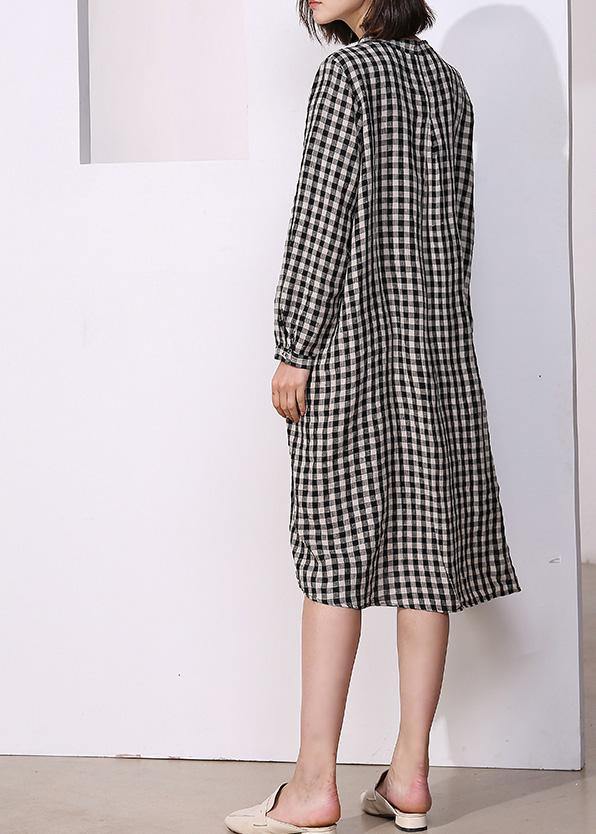 Vivid plaid cotton tunics for women o neck daily side open Dresses - SooLinen