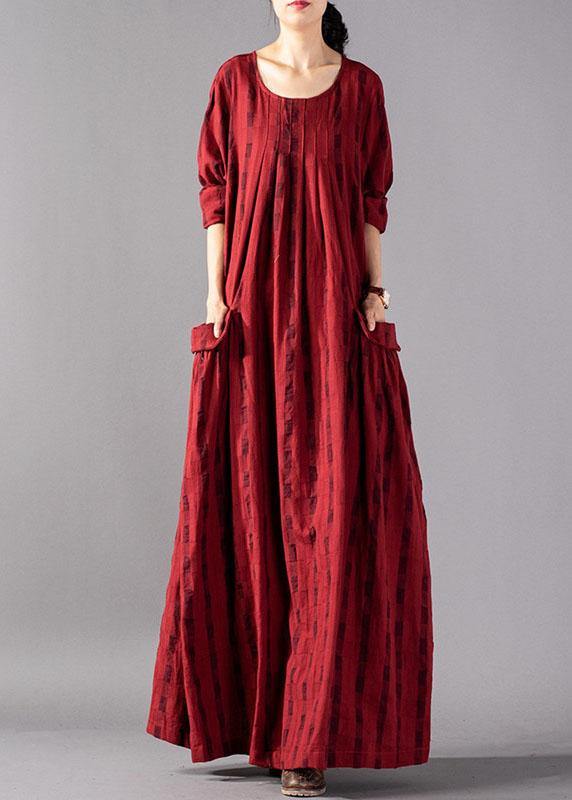 Vivid red Plaid cotton linen Robes o neck pockets Maxi fall Dresses - SooLinen