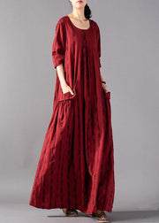 Vivid red Plaid cotton linen Robes o neck pockets Maxi fall Dresses - SooLinen