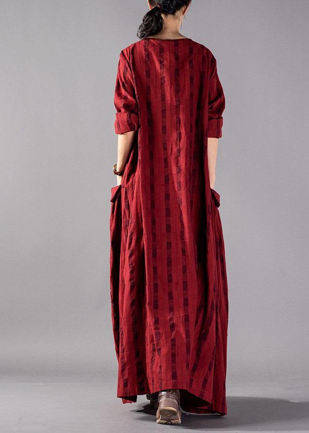 Vivid red Plaid cotton linen Robes o neck pockets Maxi fall Dresses - SooLinen