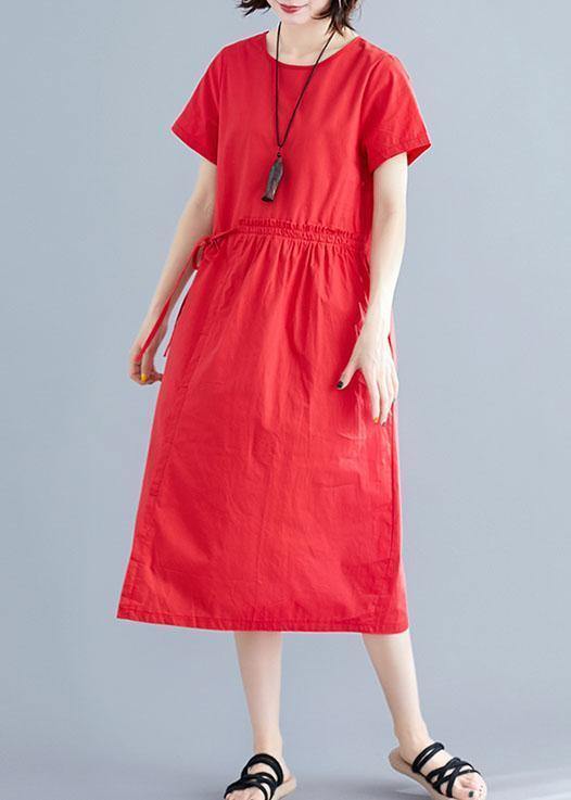 Vivid red linen cotton Robes o neck drawstring Maxi summer Dress - SooLinen