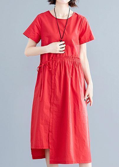 Vivid red linen cotton Robes o neck drawstring Maxi summer Dress - SooLinen