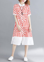 Vivid red striped tunic shirt dress lapel Button Down daily summer Dress - SooLinen