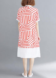 Vivid red striped tunic shirt dress lapel Button Down daily summer Dress - SooLinen