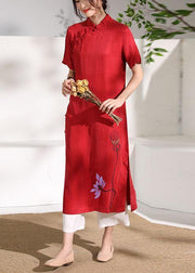 Vivid stand collar Chinese Button tunic dress Fabrics red print Maxi Dresses - SooLinen