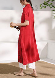 Vivid stand collar Chinese Button tunic dress Fabrics red print Maxi Dresses - SooLinen